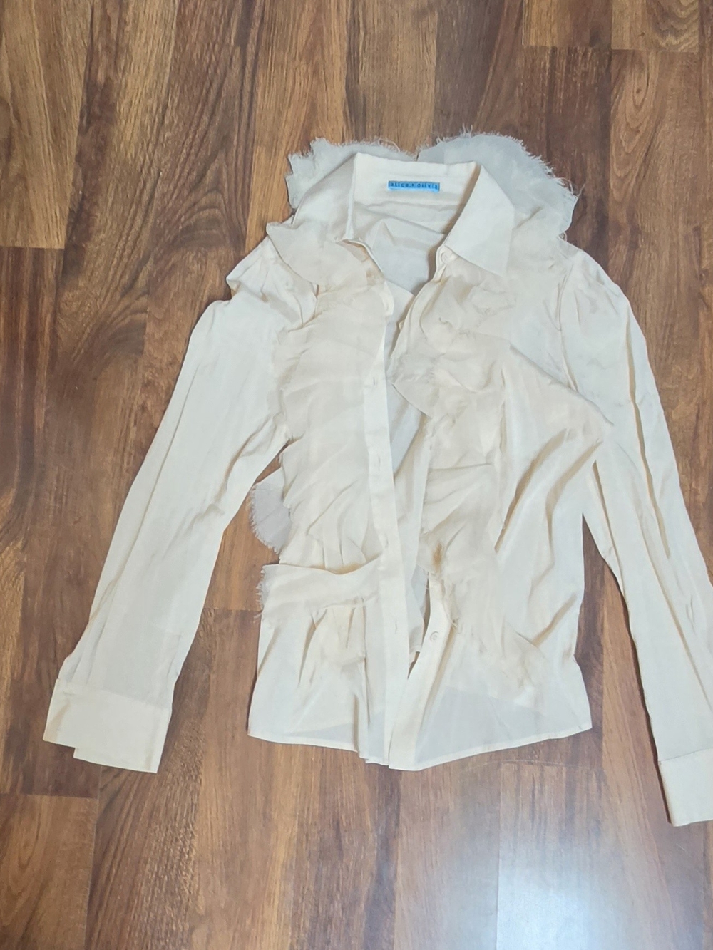 Alice + Olivia  Peach Ruffle-Front Button Silk Blouse